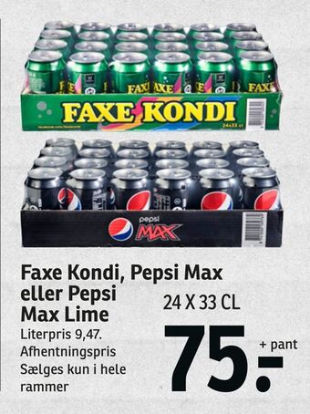 SPAR Faxe kondi, pepsi max eller pepsi max lime tilbud