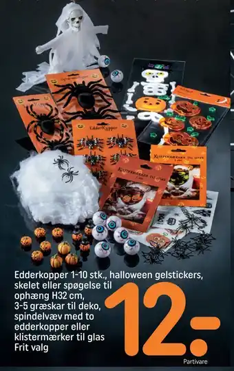 Edderkopper 1-10 stk., halloween gelstickers, skelet eller spøgelse til ophæng h32 cm, 3-5 græskar til deko, spindelvæv med t