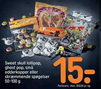 REMA 1000 Sweet skull lollipop, ghost pop, små edderkopper eller skræmmende spøgelser tilbud