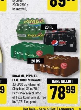 Løvbjerg Royal øl, pepsi el. faxe kondi sodavand tilbud