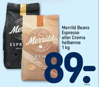 REMA 1000 Merrild beans espresso eller crema helbønne 1 kg tilbud