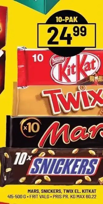 Priss Mars, snickers, twix el. kitkat 10-pak tilbud
