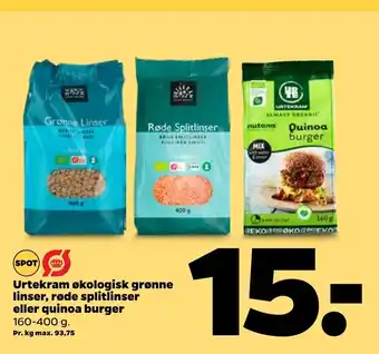 Netto Urtekram økologisk grønne linser, rødesplitinsereller quinoa burger tilbud
