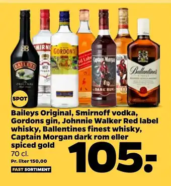 Netto Bailey's Original, Smirnoff vodka, Gordons gin, Johnnie Walker Red Label whisky,Ballentines finest whisky, Captain Morgan tilbud