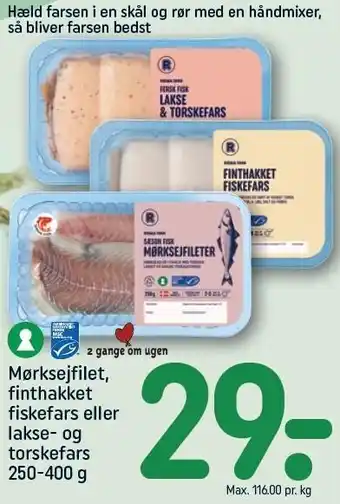 REMA 1000 Mørksejfilet, finthakket fiskefars el. lakse- og torskefars tilbud