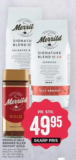 MENY Merrild hele bønner el. instant gold tilbud
