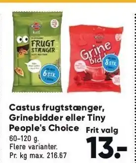 Bilka Castus frugtstænger, grinebidder el. tiny people's choice tilbud