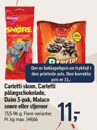 Føtex Carletti skum, carletti pålægschokolade, daim 3-pak, malaco snøre el. stjerner tilbud
