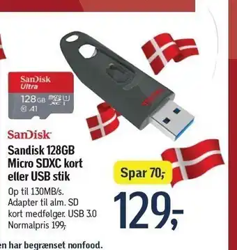 Føtex Sandisk 128gb micro sdxc kort el. usb stik tilbud