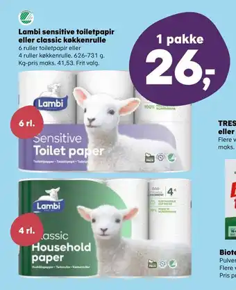 SuperBrugsen Lambi sensitive toiletpapir eller classic køkkenrulle tilbud