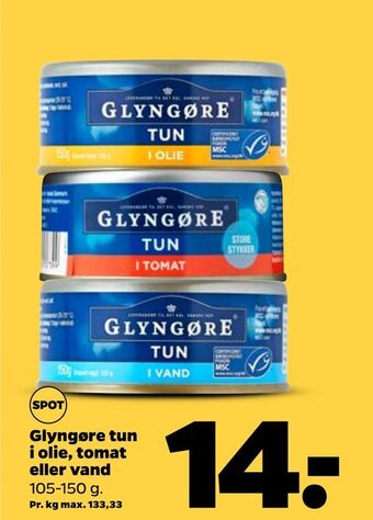 Netto Glyngøre tun i olie, tomat eller vand tilbud