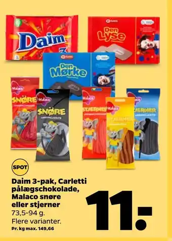 Netto Daim 3-pak, carletti pålægschokolade, malaco snøre eller stjerner tilbud