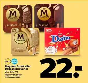 Netto Magnum 3-pak eller daim mini isvafler tilbud
