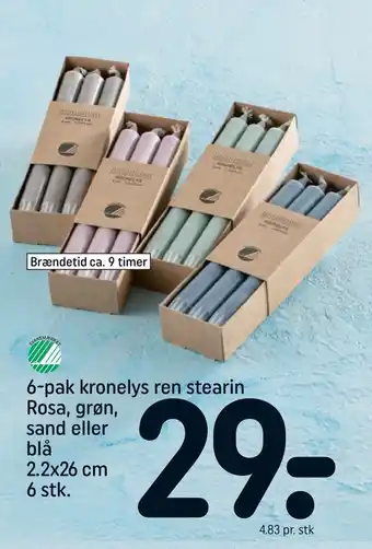 REMA 1000 6-pak kronelys ren stearin rosa, grøn, sand eller blå tilbud