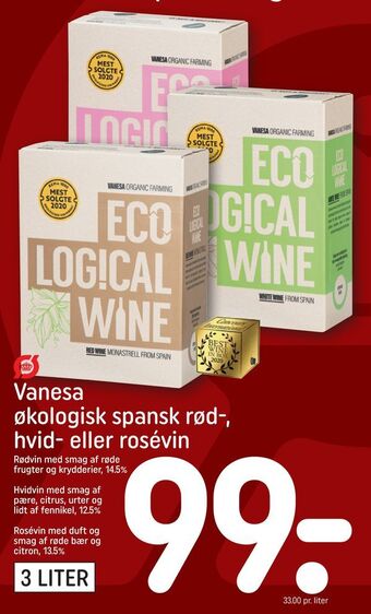 REMA 1000 Vanesa økologisk spansk rød-, hvid- eller rosévin tilbud
