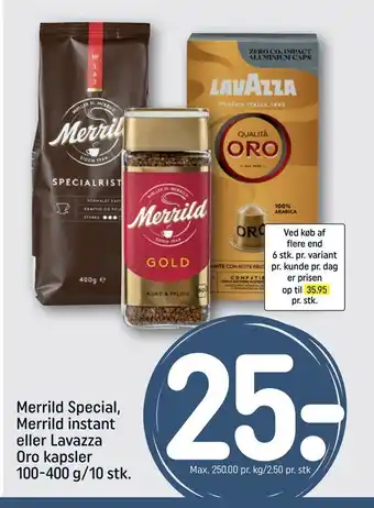 REMA 1000 Merrild special, merrild instant eller lavazza oro kapsler tilbud