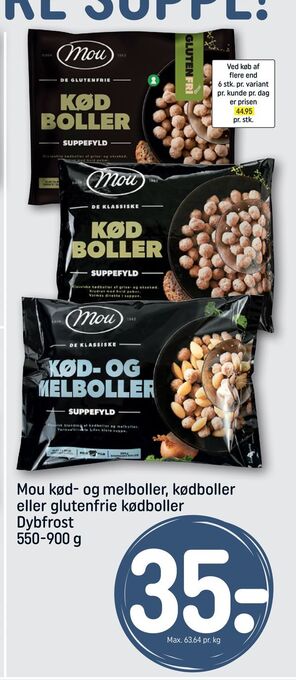 REMA 1000 Mou kød- og melboller, kødboller eller glutenfrie kødboller tilbud