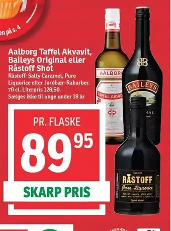 SPAR Aalborg taffel akvavit, baileys original el. råstoff shot tilbud