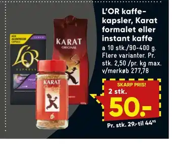 Bilka L'or kaffe kapsler, karat formalet eller instant kaffe tilbud