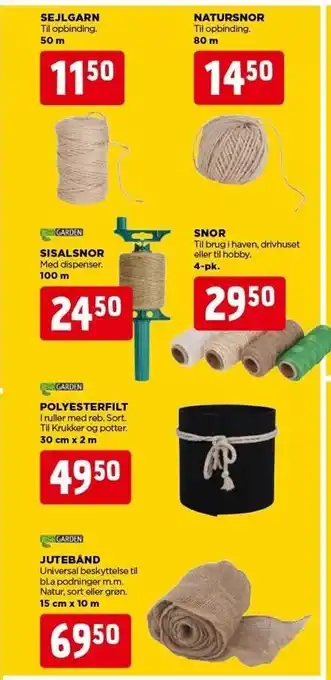 Garn, snor, filt el. jutebånd