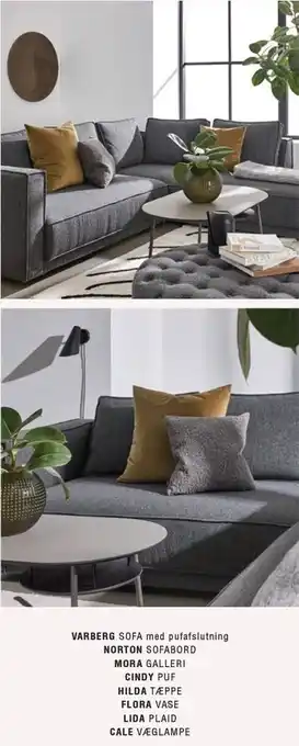 Ilva Varberg sofa m. pufafslutning, norton sofabord, mora galleri, cindy puf, hilda tæppe, flora vase, lida plaid, cale væglampe tilbud