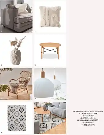 Ilva Agir hjørnesofa m. chaiselong, rota pudebetræk, senso vase, lari sofabord, himalaya loungestol, ada pendel el. lidia tæppe tilbud