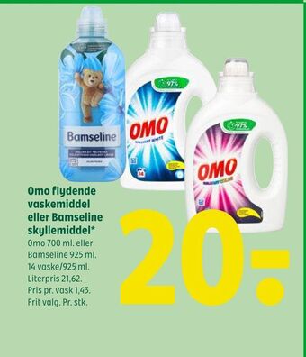 Coop 365 Omo flydende vaskemiddel eller bamseline skyllemiddel tilbud