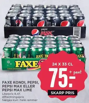 MENY Faxe kondi, pepsi, pepsi max eller pepsi max lime 24x33 cl. tilbud