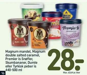 REMA 1000 Magnum mandel, magnum double salted caramel, premier is snøfler, skumbananer, dumle el. tyrkisk peber is tilbud