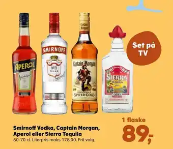Kvickly Smirnoff vodka, captain morgan, aperol eller sierra tequila tilbud