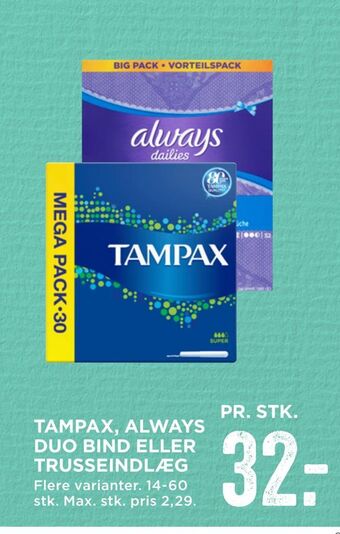 MENY Tampax, always duo bind eller trusseindlæg tilbud
