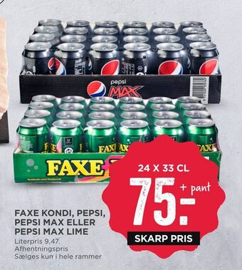 MENY Faxe kondi, pepsi, pepsi max eller pepsi max lime tilbud