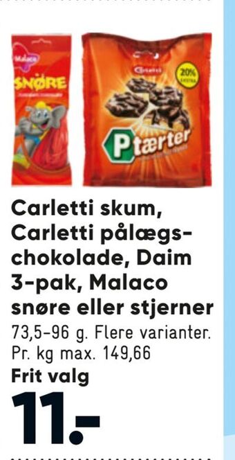 Bilka Carletti skum, carletti pålægschokolade, daim 3-pak, malaco snøre eller stjerner tilbud