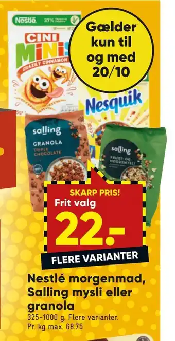 Bilka Nestlé morgenmad, salling mysli eller granola tilbud