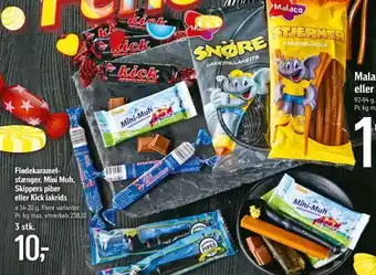 Flødekaramelstænger, mini muh, skippers piber eller kick lakrids