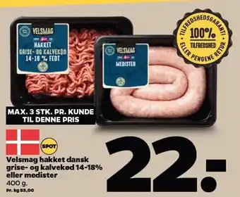 Netto Velsmag hakket dansk grise- og kalvekød 14-18% el. medister tilbud