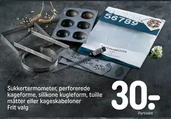 Sukkertermometer, perforerede kageforme, silikone kugleform, tuille måtter eller kageskabeloner