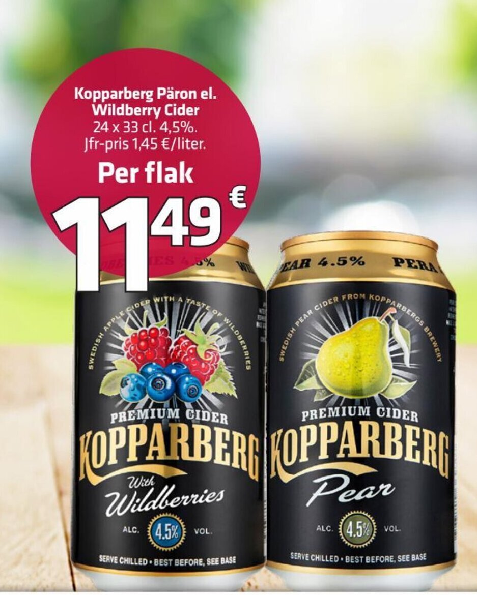 Kopparberg Päron el. Wildberry Cider 24 x 33 cl. tilbud hos Fleggaard