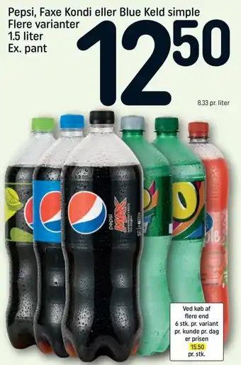 REMA 1000 Pepsi Faxe Kondi Eller Blue Keld Simple Flere Varianter 1.5 L tilbud