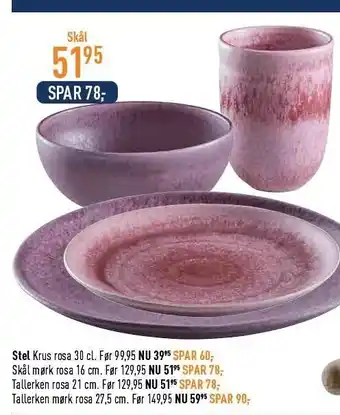Stel, skål, tallerken - rosa el. mørk rosa