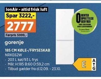 Power 185 cm køle-/fryseskab tilbud
