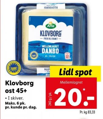 Lidl Klovborg skiveost danbo mellemlagret tilbud