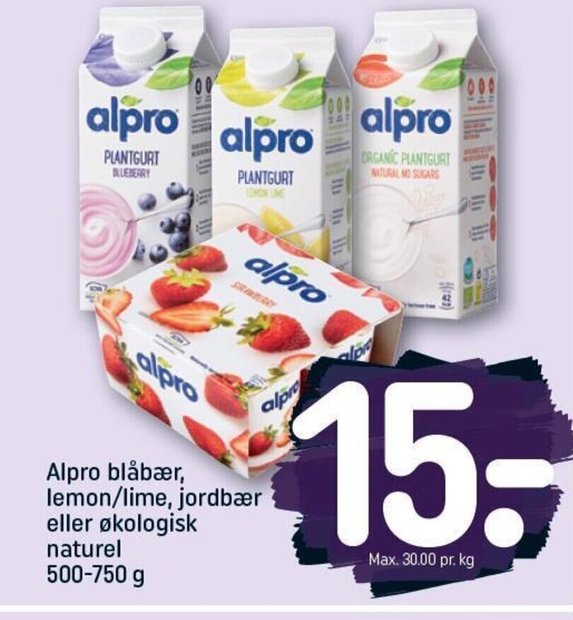 Alpro blåbær, lemon/ lime,jordbær eller økologisk naturel 500750g