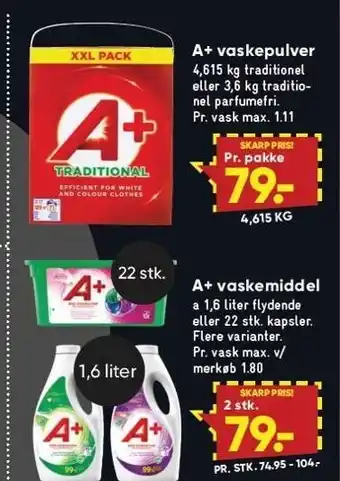 Bilka A+ vaskemiddel el. -pulver tilbud
