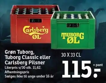 SPAR Grøn tuborg, tuborg classic eller carlsberg pilsner 30x33 cl tilbud