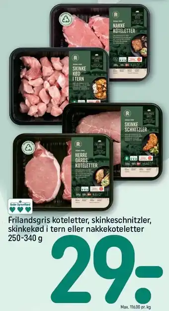 Frilandsgris koteletter, skinkeschnitzler, skinkekød i tern el. nakkekoteletter