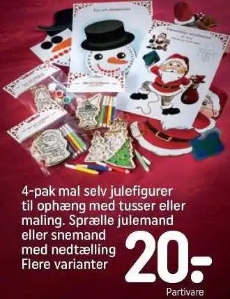 4-pak mal selv julefigurer til ophæng m. tusser el. maling. sprælle julemand el. snemand m. nedtælling