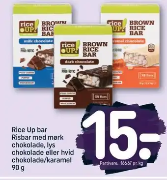 REMA 1000 Rice Up Bar Risbar med mørk chokolade lys chokolade eller hvid chokolade / karamel 90g tilbud