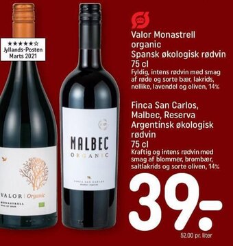 REMA 1000 Valor Monastrell organic Spansk økologisk rødvin 75 cl. tilbud