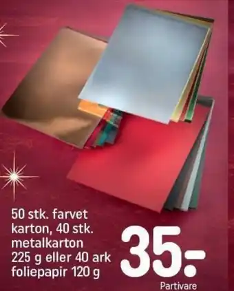 REMA 1000 50 stk, farvet karton ,40 stk, metalkarton 225 g eller 40 ark foliepapir 120 g tilbud